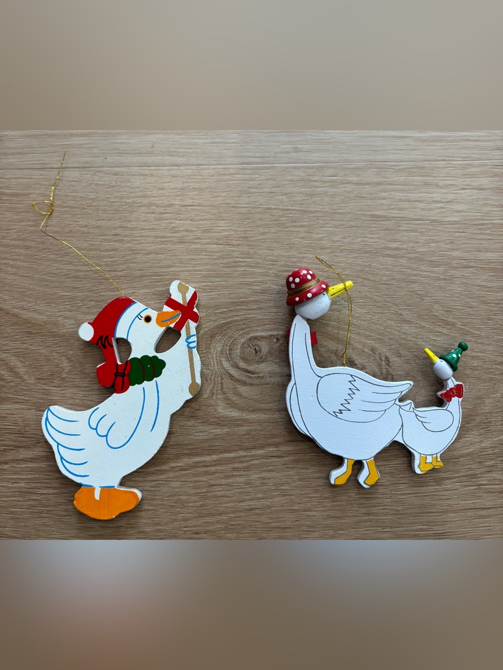 Festive 1980’s  White Goose Holiday Ornaments with Red and Yellow Accents